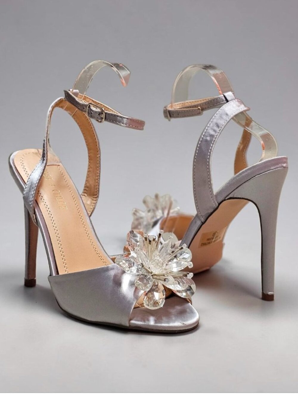 Crystal Embellished Silver Satin High Heel Sandals With Ankle Strap & Peep Toe F